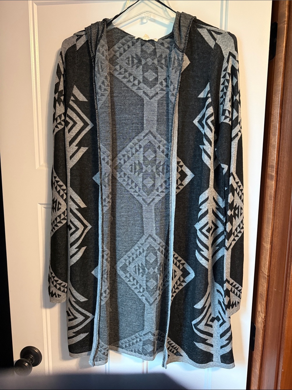 Pink Rose Gray and Light Gray Aztec Hooded Open Cardigan
